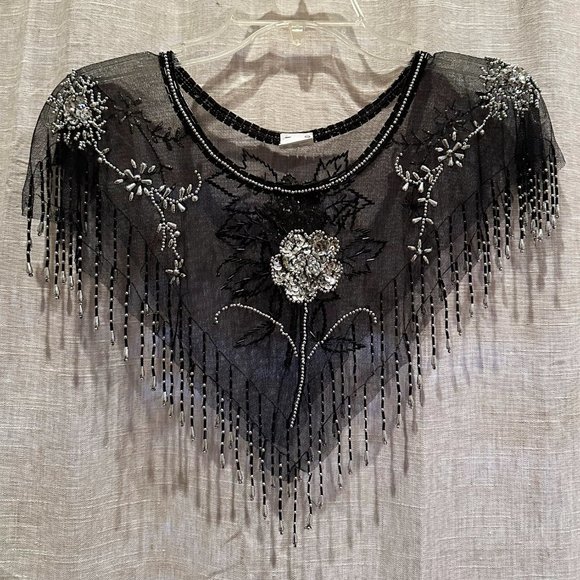 Black & Silver Beaded Sequin Mesh Pullover Capelet Collar Shawl - Picture 7 of 15